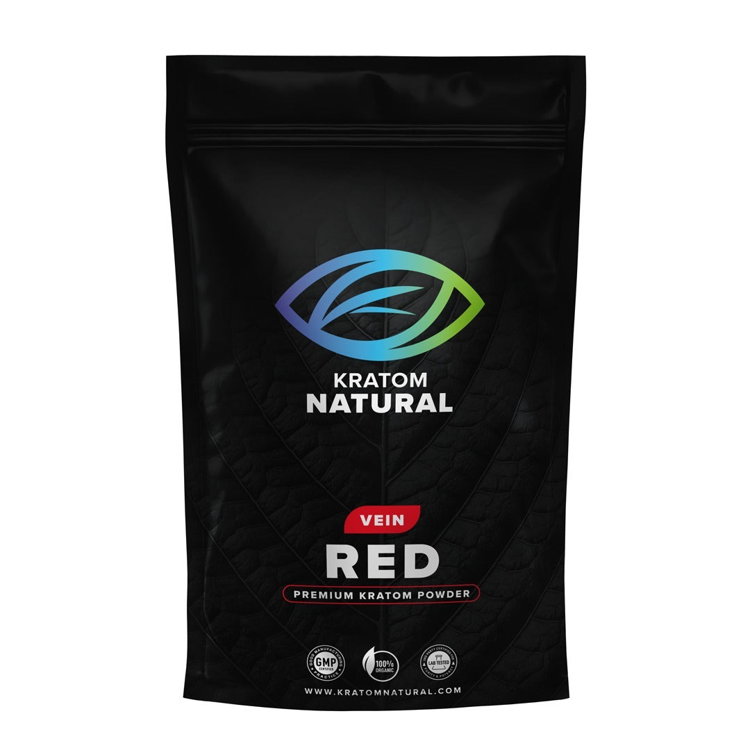 Black package of Kratom Natural Vein Red Premium Kratom Powder on a white background