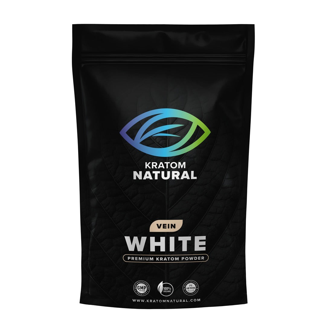 Black package of Kratom Natural Vein White powder on a white background